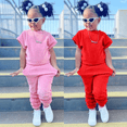 thumbnail image 4 of XBASW Toddler Kids Baby Girls Sweatsuits 2 Piece Outfits Short Sleeve T Shirt Tops + Jogger Pants Summer Solid Color Tracksuit Set for 1- 9 Years, 4 of 9