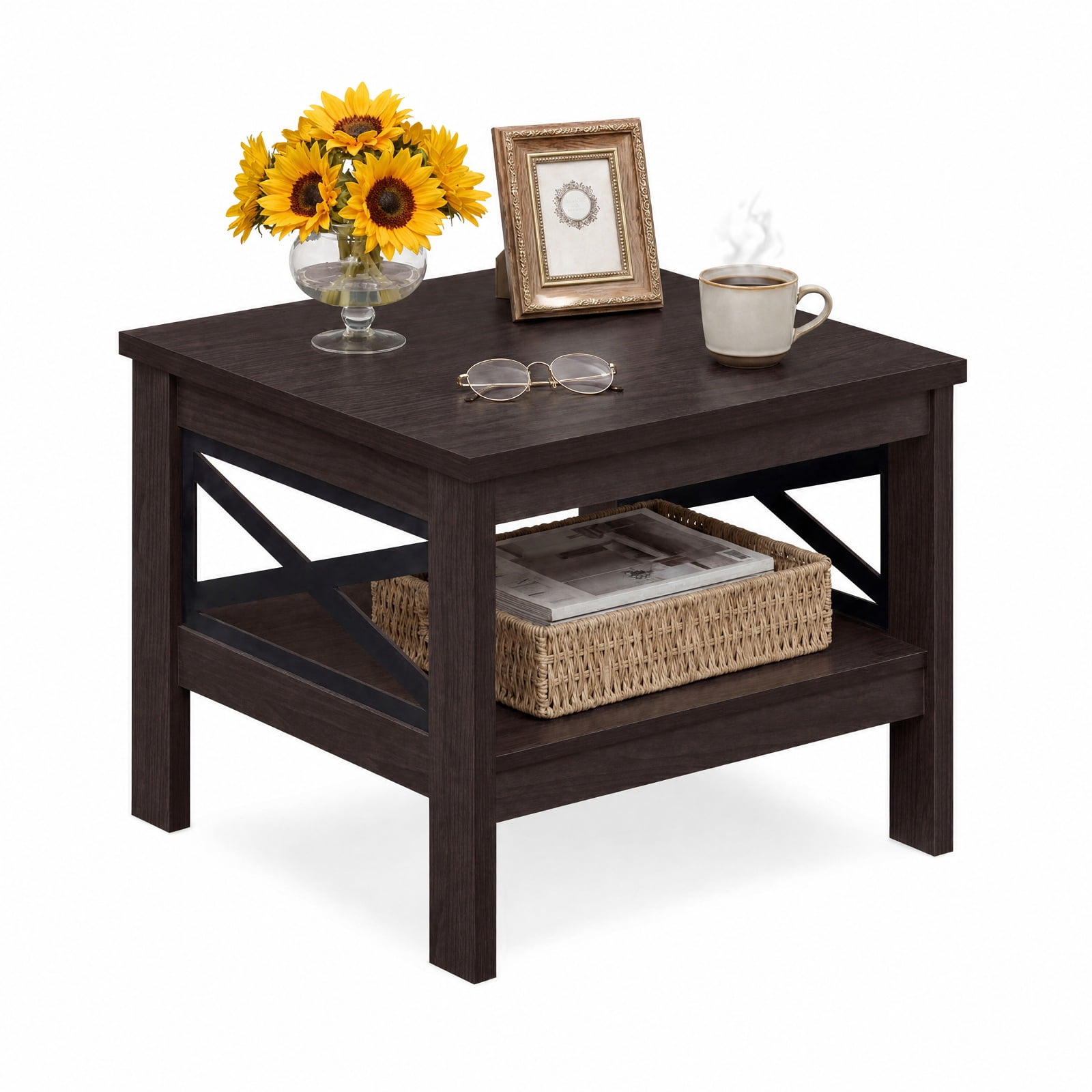 Furnibear 2 Tier Square Side Table with Storage Shelf and Farmhouse X Frame for Bedroom Living Room and Sofa Side, Brown