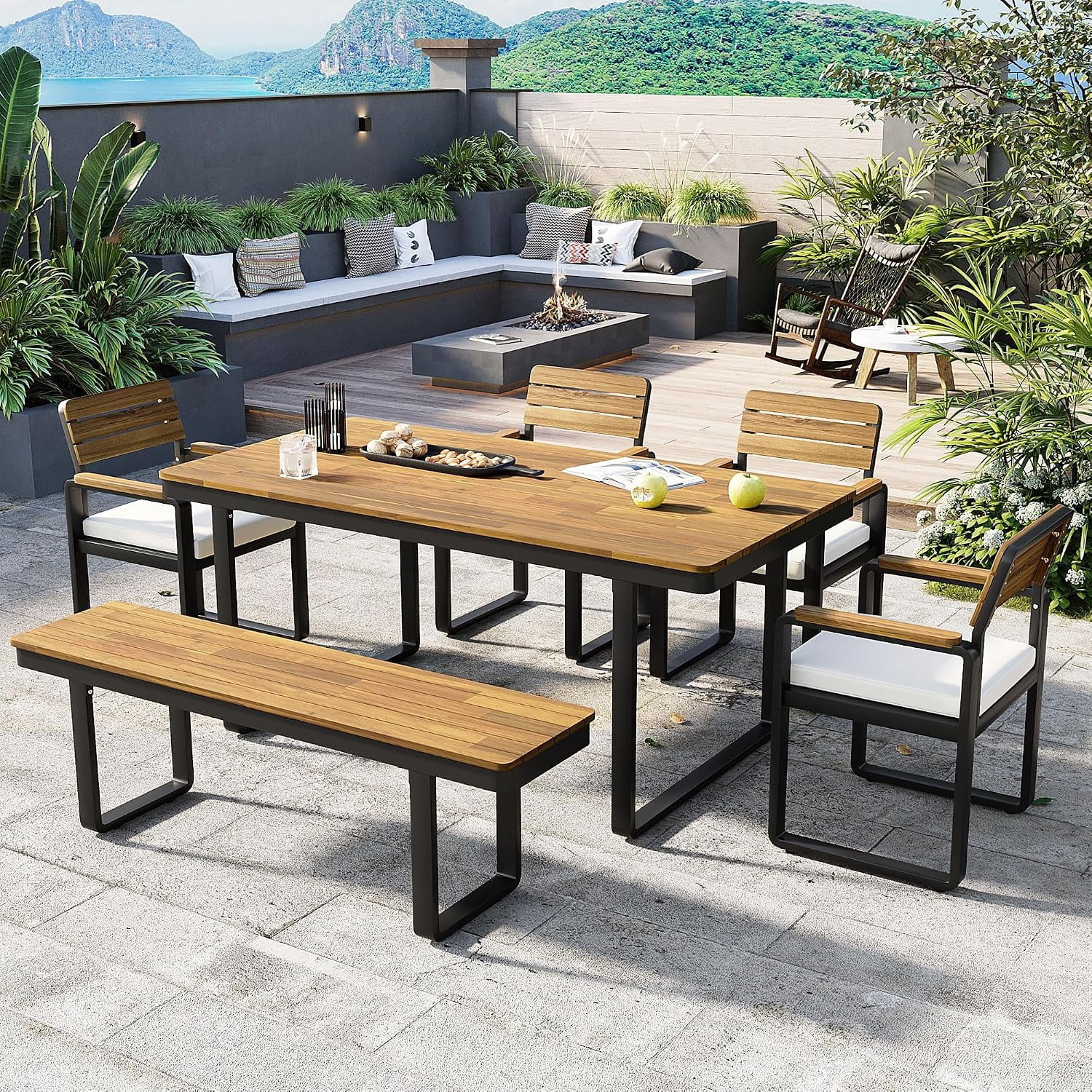 6-Piece Outdoor Patio Dining Set, Acacia Wood Table with 4 Chairs & Bench, Beige Cushions Seats 6-7 for Backyard Garden