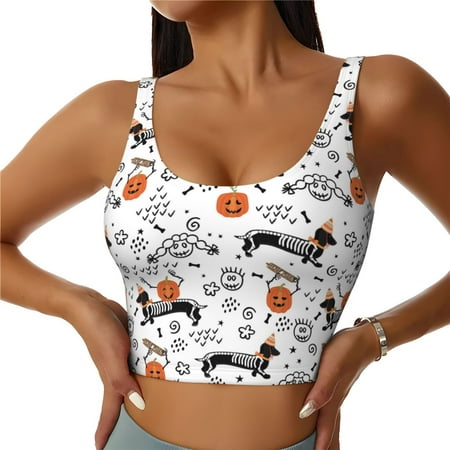 Jgfou Halloween Dachshund Print Womens Sports Bra - Padded Workout Sports Bras Crop Tank Top