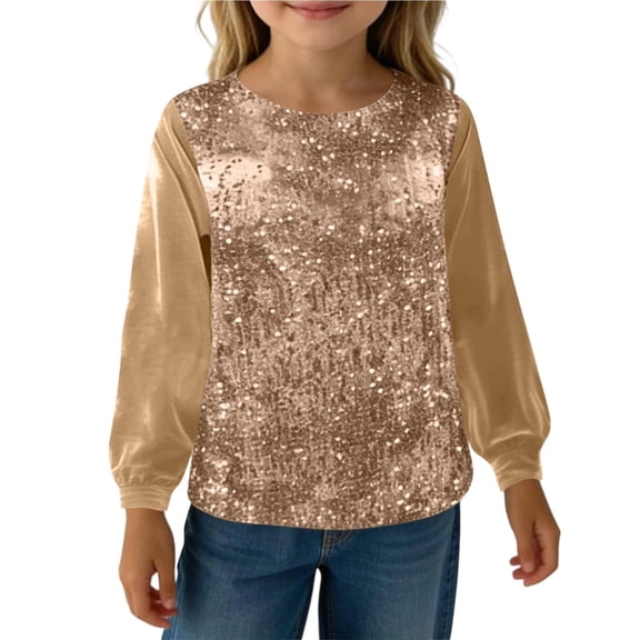 Girls Long Sleeve Tops Sequin Panel Glitter Round Neck Casual Blouses Spring Fall Fashion Relaxed Fit Party Pullover Tees