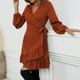 thumbnail image 6 of Lindreshi Fall Dresses for Women Homecoming Dresses Women Casual Solid Loose Straps Ruffled Hem Long Sleeve V-Neck Dress, 6 of 9
