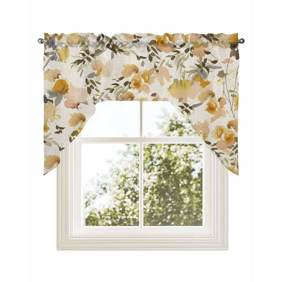 Vintage Orange Flower Kitchen Curtains Swag Valance for Windows/Bathroom/Cafe, Farmhouse Botanical Floral Retro Rod Pocket Drape Panel Swag Curtains Valance for Bedroom/Living Room 56"x36"