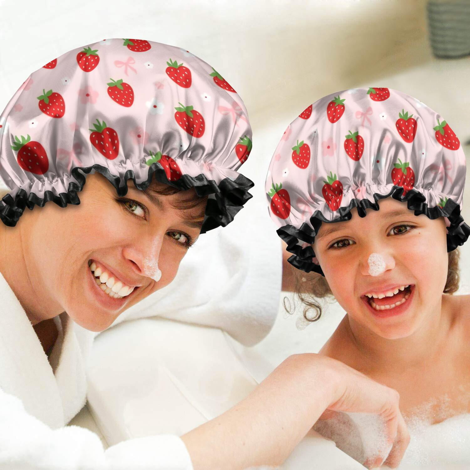 Shower Caps,Strawberry Plants Fruit Flower Bow Waterproof Shower Cap for Women 4 Pieces,Double Reusable Hair Cover for Shower PEVA Elastic Stretch Hem
