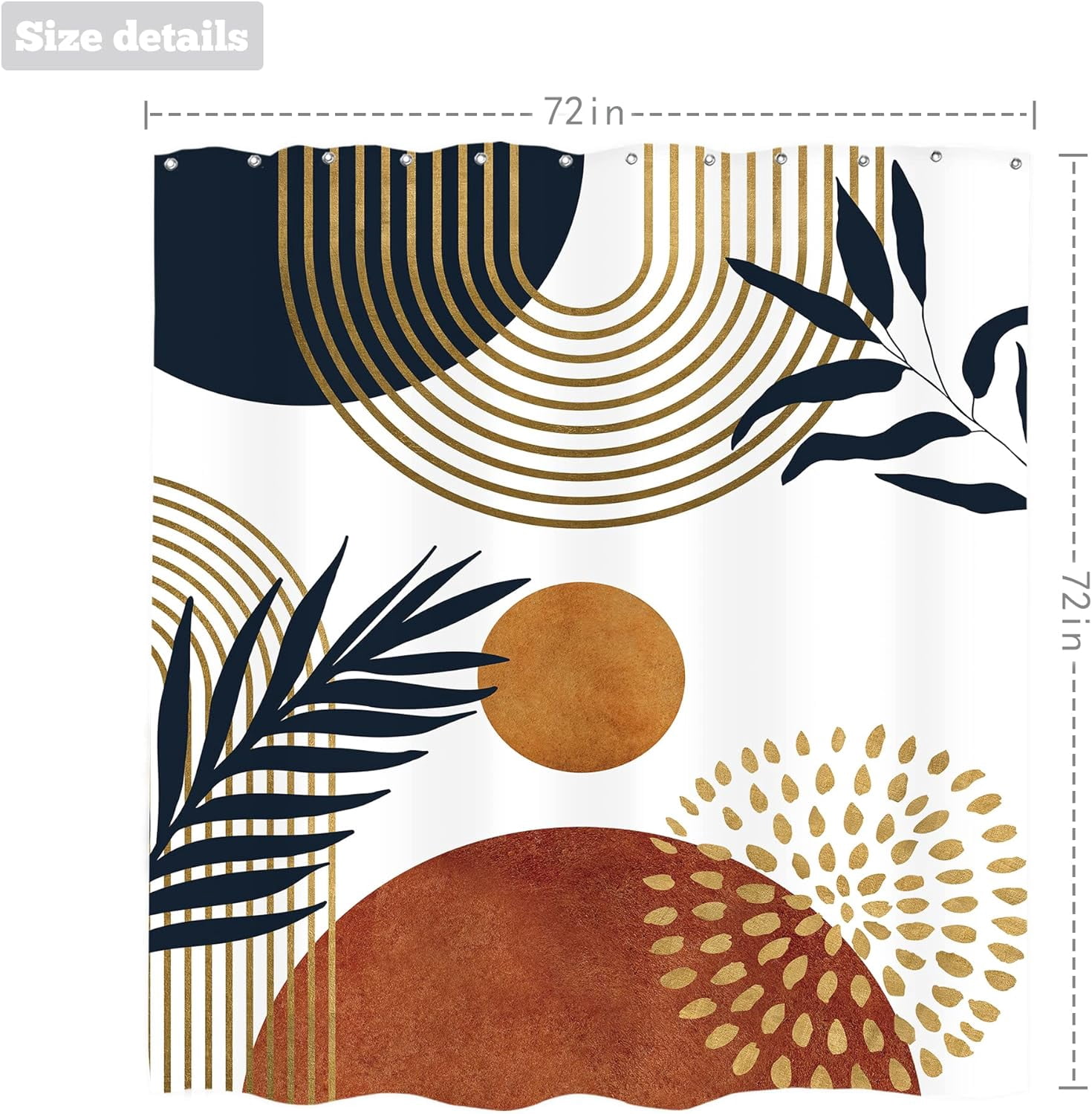 Boho Mid Century Shower Curtain 60Wx72H Inches Abstract Golden Dots Leaves Modern Geometric Minimalist Aesthetic Bathroom Cloth Fabric Waterproof Polyester Home Decor Set with Hooks