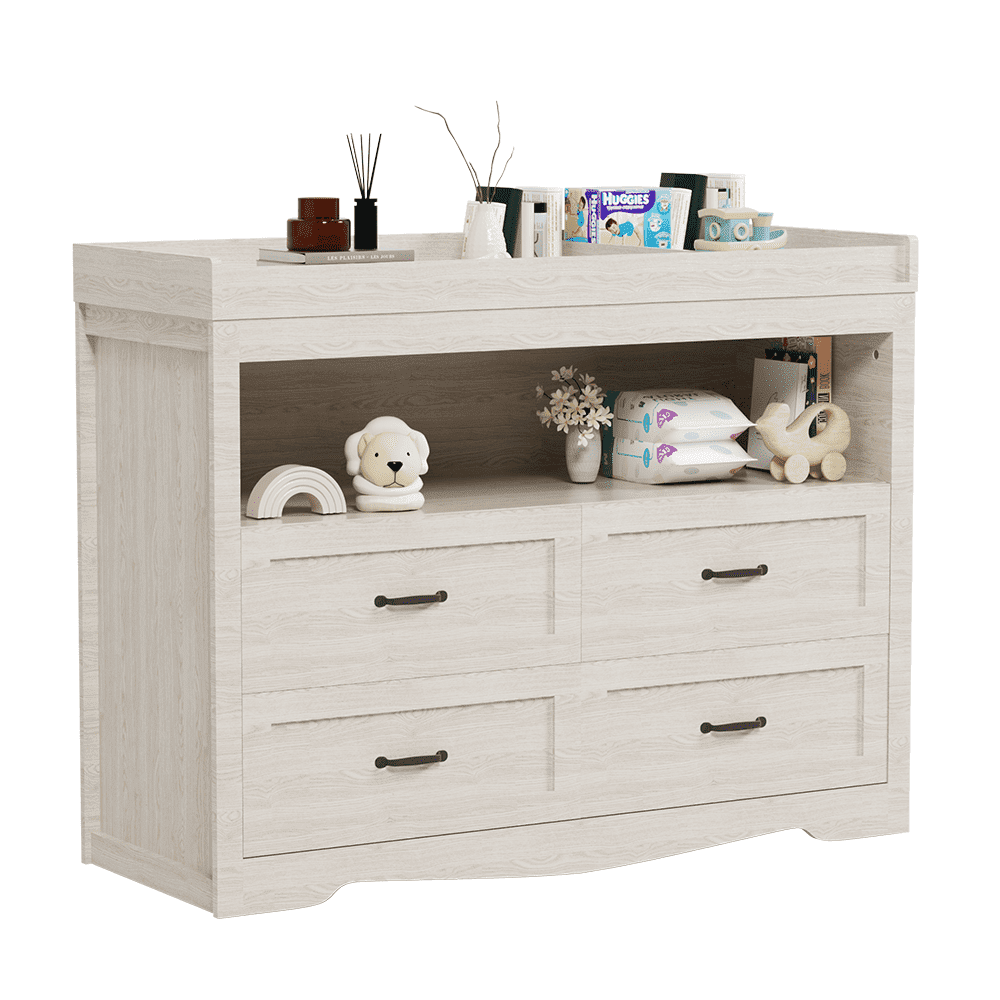 Baby Changing Table Dresser Nursery Chest with Storage-Infant & Toddler, 4 Drawers and Open Storage Space, Beige