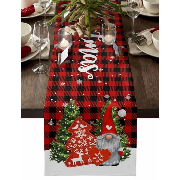 Christmas Table Runner Gnome Xmas Tree Table Runners Snowflake Red Black Buffalo Plaid Cotton Linen Dresser Scarf Kitchen Dining Table Decor for Christmas Holiday Party Decor 13x72 Inch