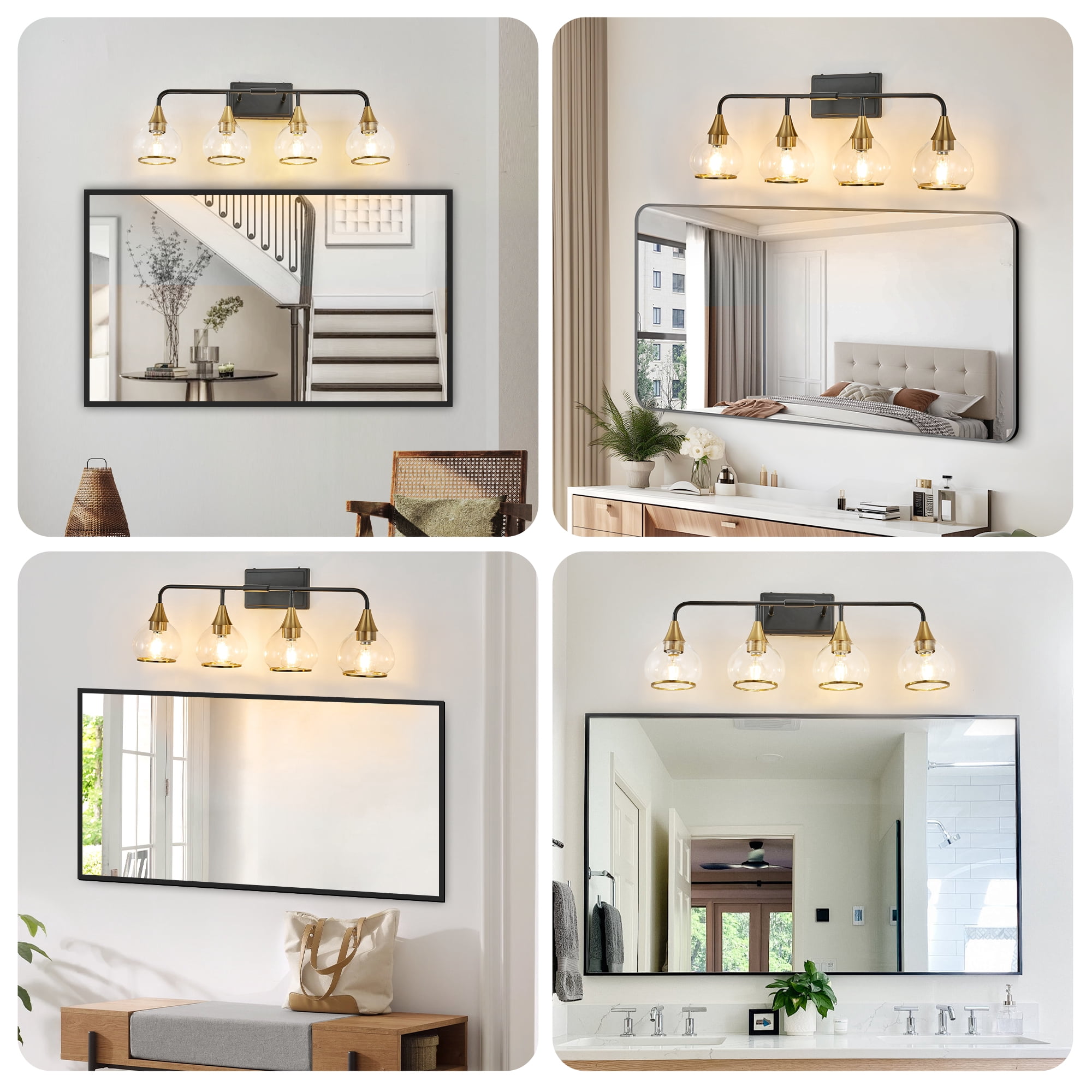 Art Deco 4-Light Vanity Light Fixture,  Bathroom Fixture with Clear Glass Shades, Black and Gold, 31 Inch Modern
