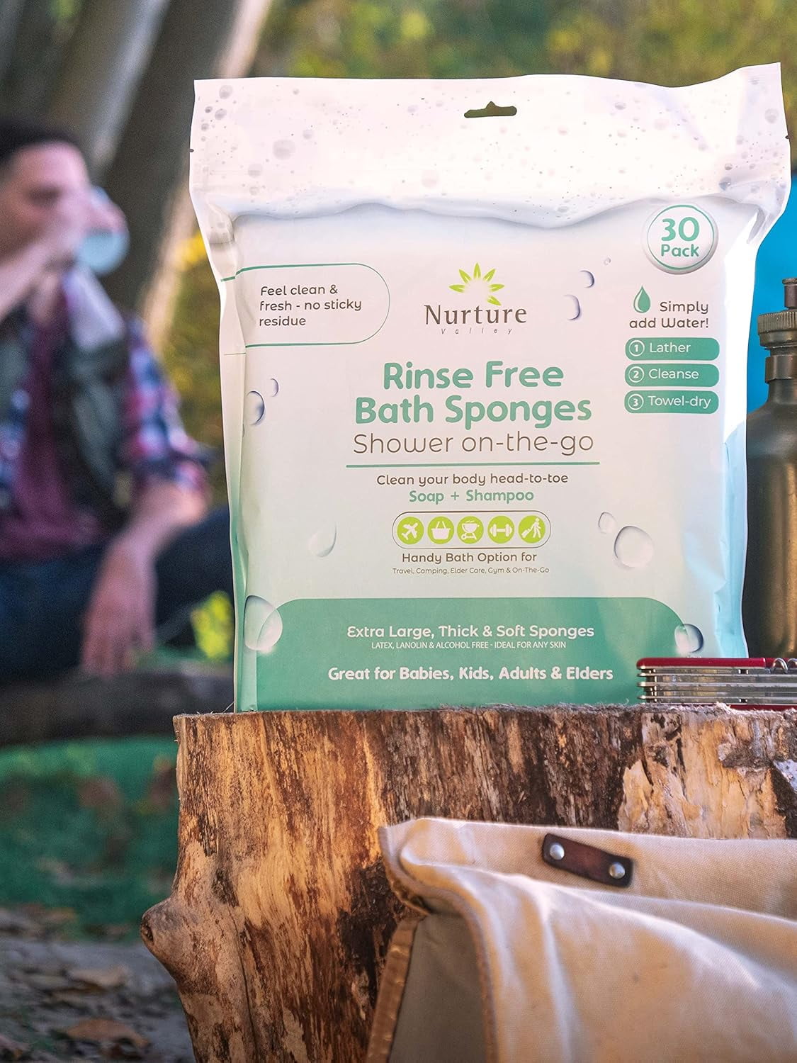 Nurture Sponge Bath Wipes, Large Disposable Wash Cloths for Adults, Seniors, & Bedridden, No Rinse Camping Travel Essentials, 90 Count