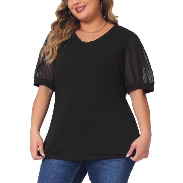 Blusas casuales de manga abullonada de puntos suizos para mujer de tallas grandes Agnes Orinda, cuello en V, 2X, negro
