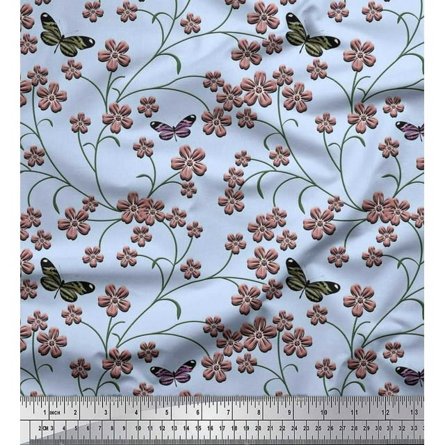 Soimoi Rayon Fabric Insect,Leaves & Flower Floral Decor Fabric Printed Yard 42 Inch Wide