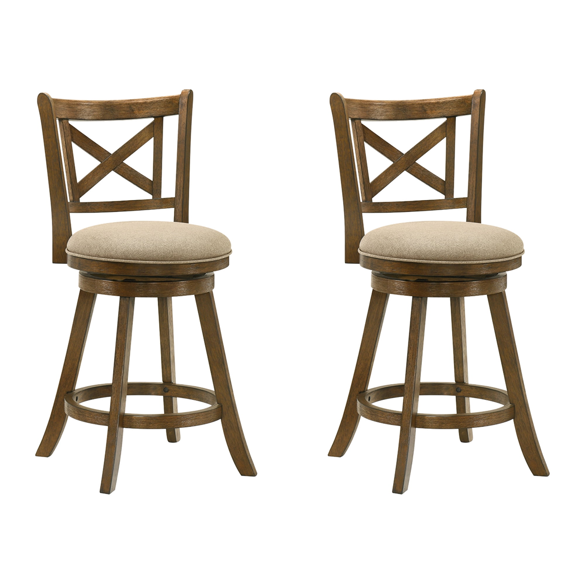 Kodi Modern Farmhouse Swivel Wood Counter Height Kitchen Bar Stool in Sepia Brown Finish with Light Scone Fabric Upholstered Seat - Set of 2