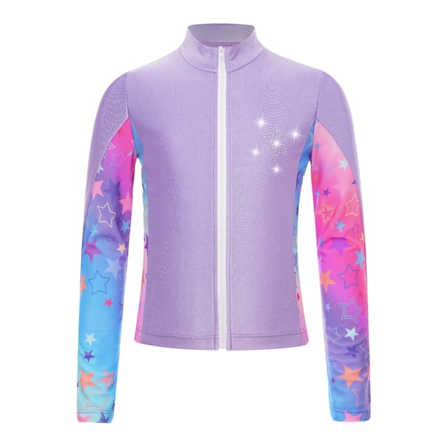 Yanarno Kids Girls Gym Workout Athletic Sport Jacket Zipper Sparkly Rhinestone Figure Ice Skating Training Top Coat Purple 8