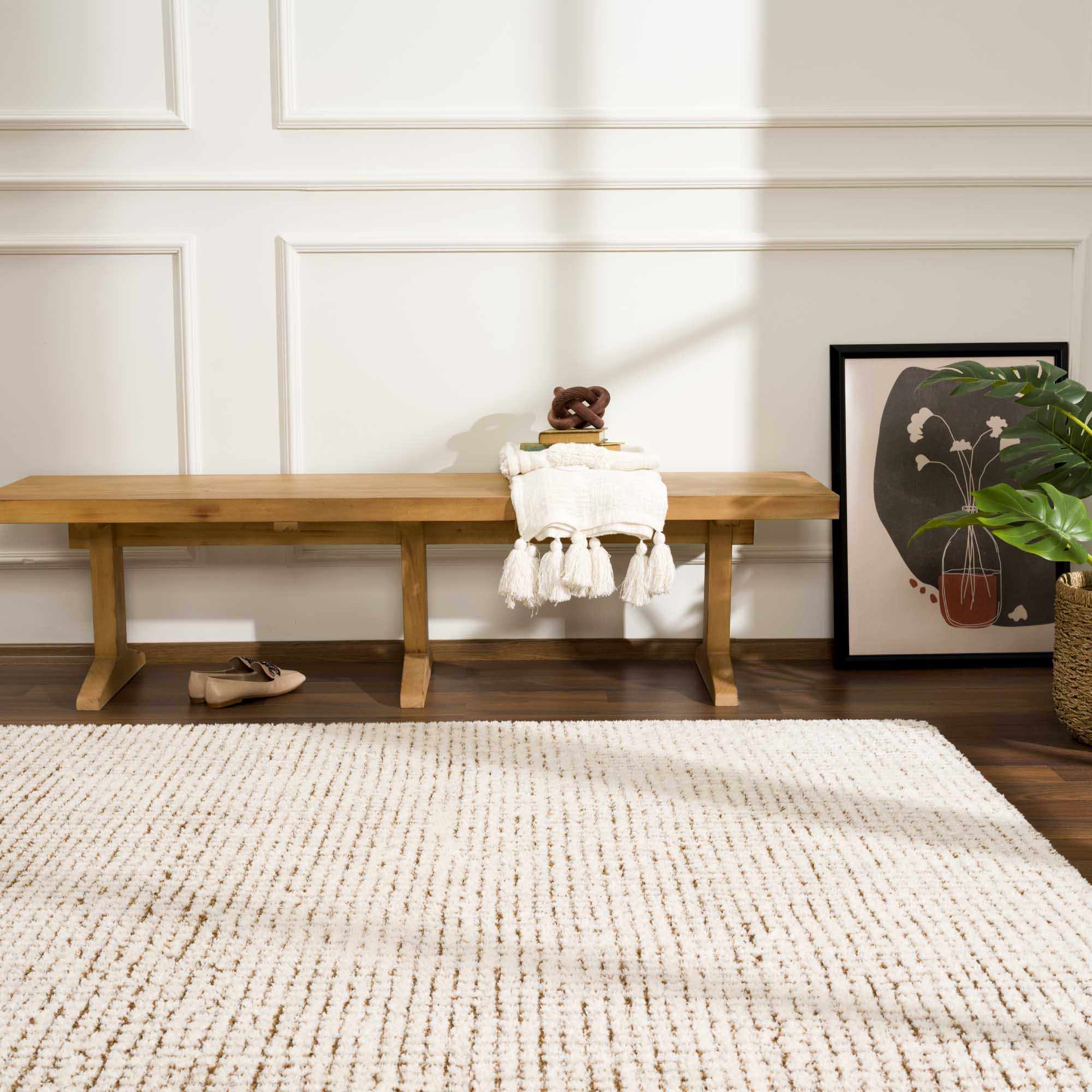 Hauteloom Matrix Contemporary Mosaic Area Rug - High Pile Fluffy Soft Shag Carpet for Living Room, Bedroom - Cream, Brown - 5'3" x 7' (5x7)