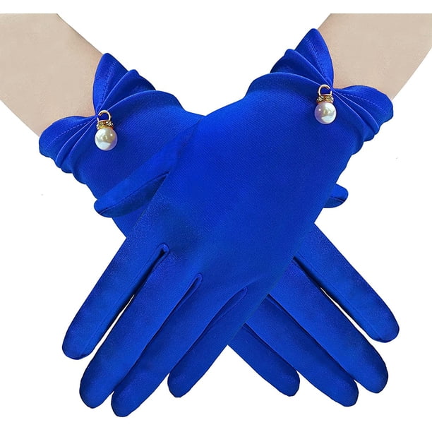 Nvzi Guantes de satén, guantes cortos, guantes de princesa, novias, banquete de ópera, fiesta de disfraces, azul