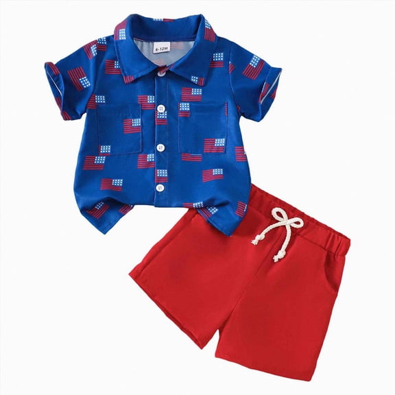 Toddler Boy Clothing Sets 4th of July Baby Boy Outfit Cute American Flag Print Button Down Shirt & Red Shorts 2-Piece Outfit