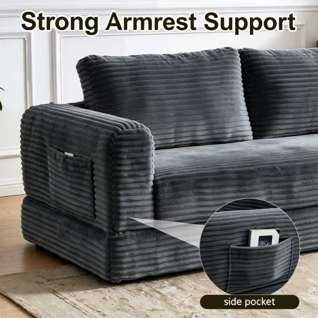 55" Convertible Futon Sofa Bed,Folding Boneless Couch with Sleeper Sofa,Fold Out Floor Sofa with Deep Seat,Cloud Corduroy Foldable Mattress Couch for Living Room,Dark Gray