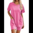 thumbnail image 1 of Conjuntos de 2 Piezas para Mujer, Chándal de Verano de Corta, Ropa de Estar por Casa, Pantalones Cortos de Cuello Redondo, Conjuntos de Chándal. Rosa Roja M, 1 of 7