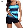 thumbnail image 1 of Women Swimsuit Striped Color Block Bathing Suit Polyester Swimwear Top Shorts, Gradient Blue, XXL, 1 of 9