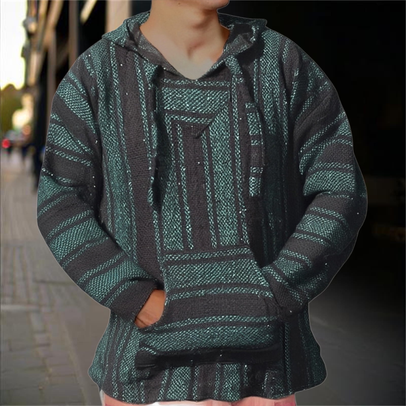 Mexican Lightweight Hoodie for Men Casual Comfy Pullover Shirts with Pockets Hoodie Hippie Surf Poncho Sweater Sweatshirt Pullover Fall Winter Fashion Hooded Sweatshirt (Army Green,S)