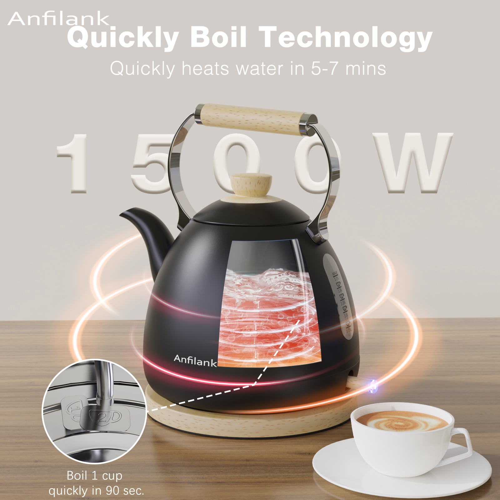 Anfilank Boil Water Electric Kettle, 1.7L 1500W, Coffee & Tea Kettle Stainless Steel, Wood Grain Design, Black