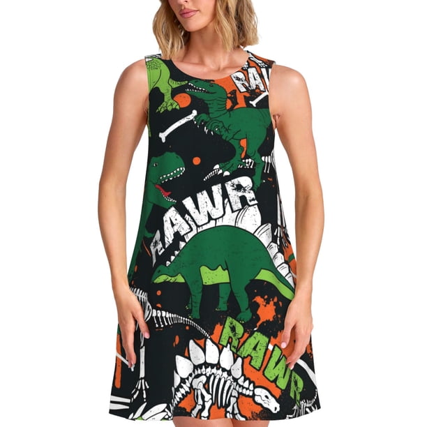 Fotbe Dinosaur Skeleton Vestido de Verano sin Mangas para Mujer – Vestido Midi Línea A, Estilo Camiseta Floral, Vestido Playero Casual y Fluido