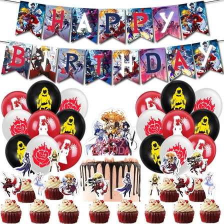 32 Piece For RWBY Cartoon-Themed Party Decoration Set – Includes Banner, Cake Topper, 18 Balloons, and 12 Cupcake Toppers for Festive Celebrations