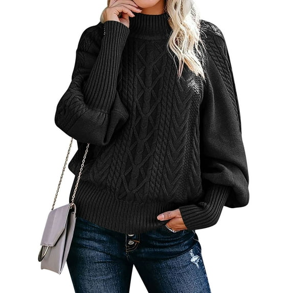 Xuanfei Women Solid Color Mock Neck Lantern Sleeve Cable Knit Sweater
