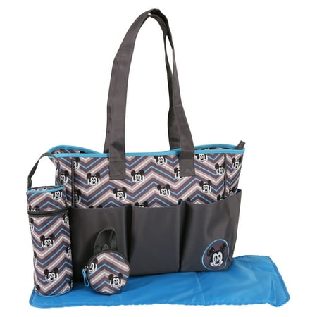 Disney Mickey Mouse Tote Diaper Bag 5pc Set Grey Blue Chevron Disney Mickey Mouse Tote Diaper Bag 5pc Set Grey Blue Chevron