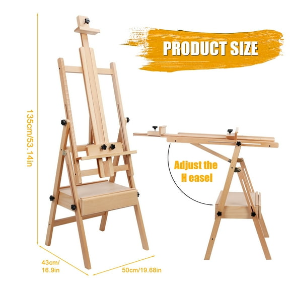 H Frame Easel | French Easel with Casters | Solid Beech Wood Easel | Painting Canvas Holder Stand | Tilts Flat Artist Easel with Height & Angle Adjustable