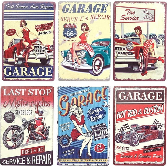 6 Pack Vintage Metal Signs for Retro Garage Wall Decor, 6 Designs (8 x 12 In)