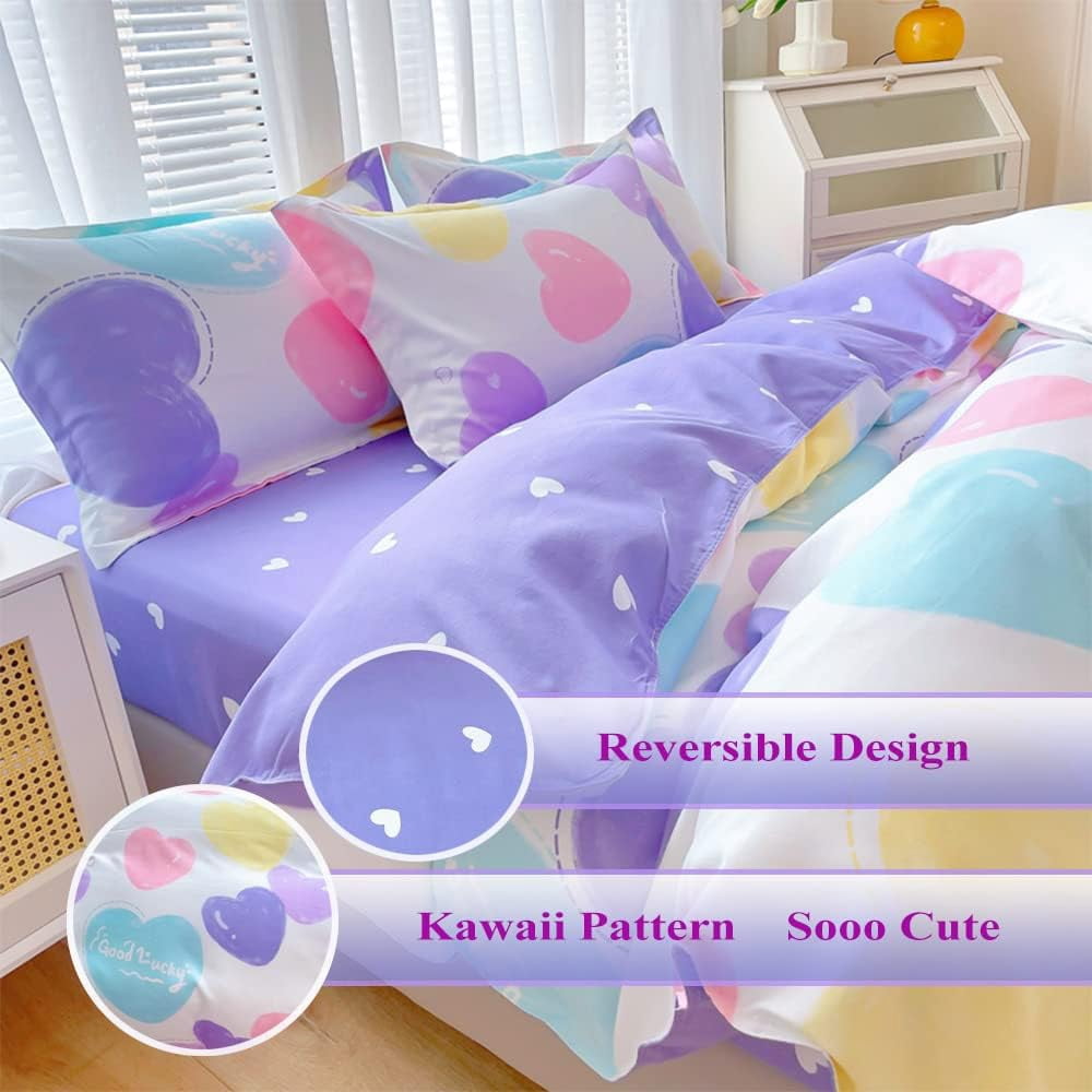 CinYana Colorful Love Heart Kids Duvet Cover,3 Pcs Kawaii Comforter Cover Set,Cute Bedding Set Zipper and 2 Pillowcase(Love,Full/Queen)