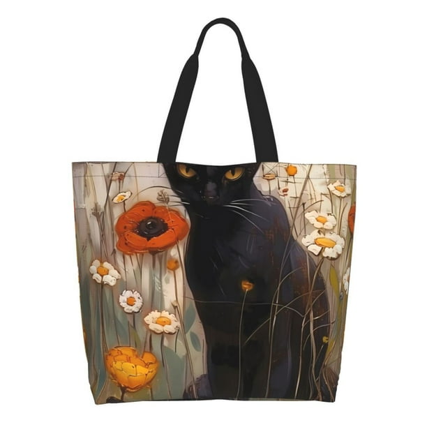 Disketp Black Cat in Wildflowers Bolsa Tote Estampada para Mujer, Bolso de Hombro y de Mano para Compras y Viajes