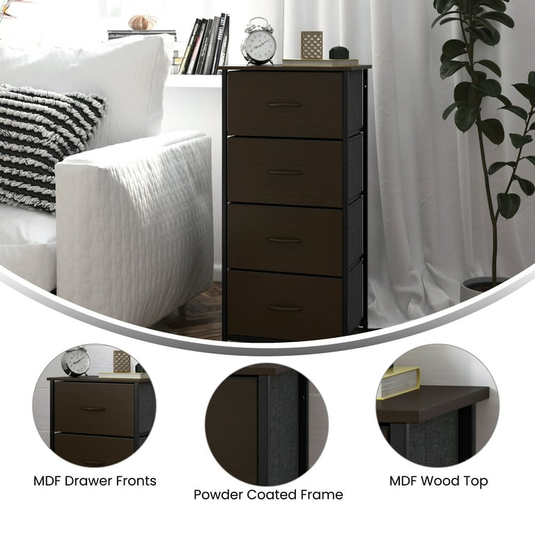 Emma + Oliver 4 Drawer Storage Dresser with Black Cast Iron Frame, Brown Wood Top and Brown Easy Pull Engineered Wood Drawers with Wooden Handles
