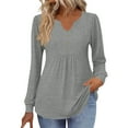 thumbnail image 4 of safuny Womens Long Sleeve Tops Fall Fashion Solid Color Shirts Casual Pleated Tunic V-neck Button Down Blouses Gray _r M, 4 of 7