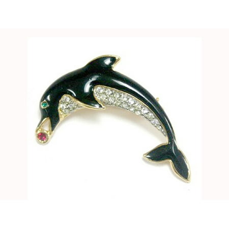 Dolphins Rhinestone Brooch - Black Onyx Dolphin Brooch Pin With Rhinestones