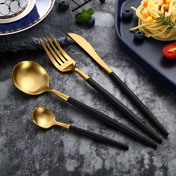 ACDANC 2026 New Black Gold Flatware,Matte Black Handle 18/10 Stainless Steel Tableware Sets for 4 Including Forks Spoons Knives,Camping Silverware Travel Utensils Set Cutlery (Black Gold)