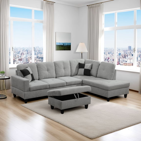 MAYEERTY 103.5" Modern Flannel 3-Piece Couch Set - Light Gray, Bright Soft Fabric, Fresh Living Room Vibe