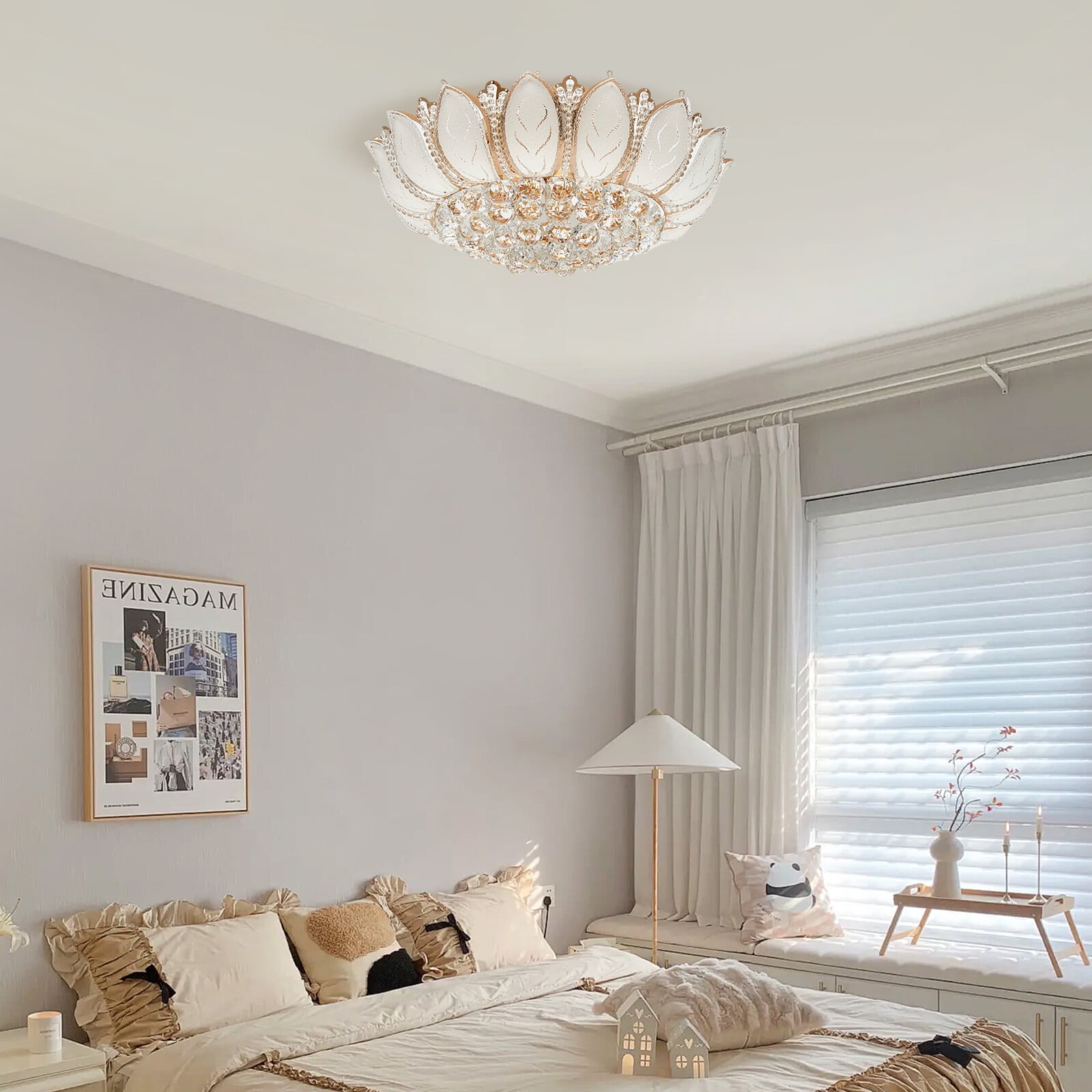 23.62*21.65inch Gold&Clear Indoor Large Crystal Chandelier Flush Mount Ceiling Light Luxury Pendant Lamp