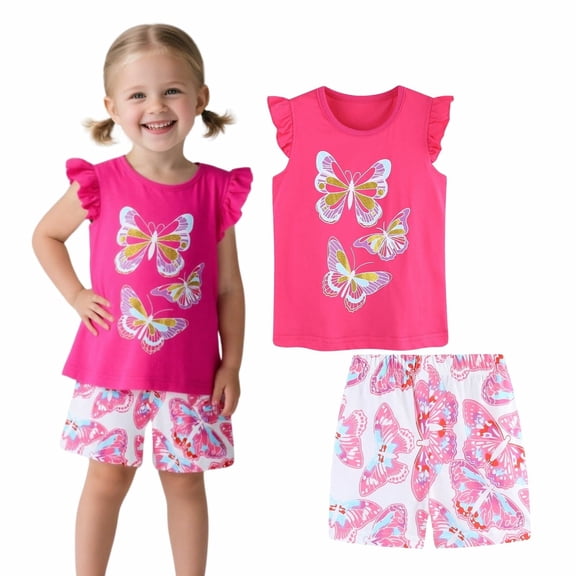 HILEELANG Toddler Girl Easter Summer Short Outfits Cotton CrewNeck Pink Butterfly Short Sleeve Playwear 2PC Sets 2T