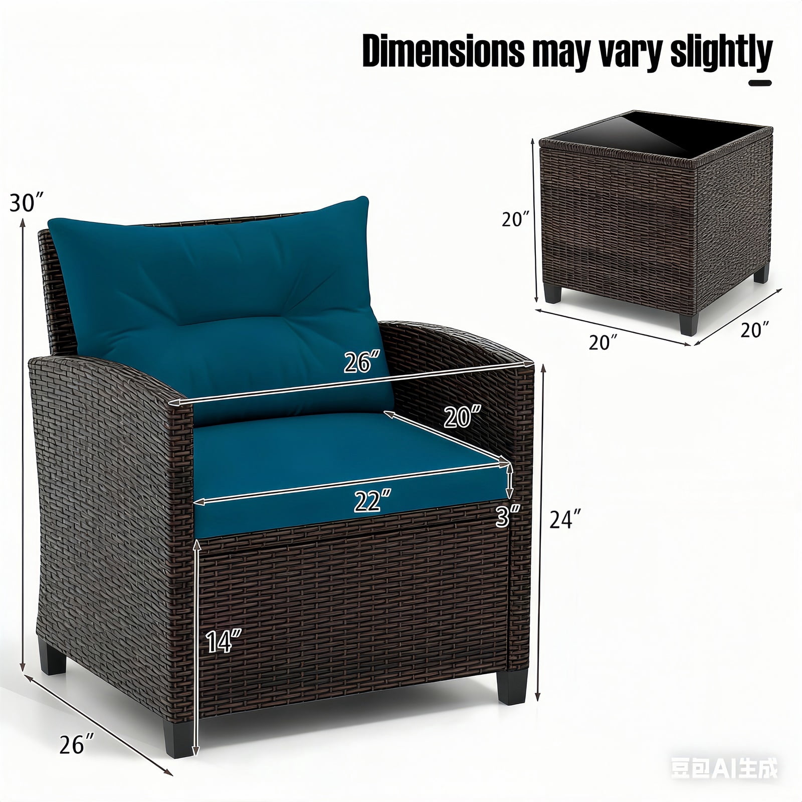 Hommoo 3 PCS Rattan Patio Furniture Set, Outdoor Brown Wicker Conversation Set with Glass Tabletop & Peacock Blue Cushion