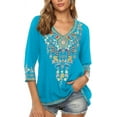 thumbnail image 5 of Higustar Womens Plus Size Tops 3/4 Sleeve V Neck Tunic Shirts Casual Floral Embroidered Loose Summer Fall Blouses Mexican Peasant Cotton Rayon Shirts-054-Blue/H-XL, 5 of 12