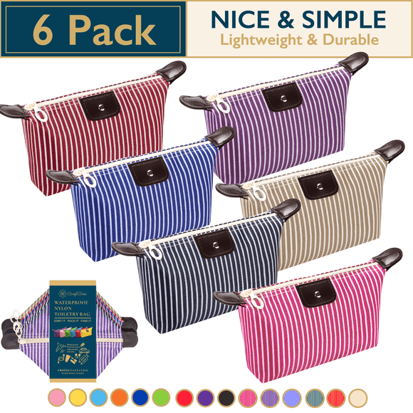 ComfiTime Makeup Bag - 6 Pack Travel Pouch, Waterproof Cosmetic Pouch, Cosmetic Bag, Small Travel Makeup Bag, Makeup Pouch, Toiletry Bag for Women, Men and Kids, Multi-Purpose Nylon Zipper Bag