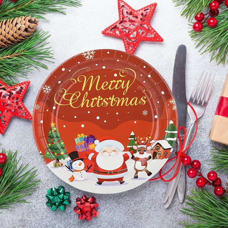 25pcs Christmas Themed Disposable Paper Plates With Santa Claus