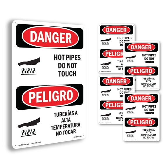 Hot Pipes Do Not Touch Bilingual OSHA Danger Rigid Plastic Sign 10 Inch x 7 Inch - 5 Pack
