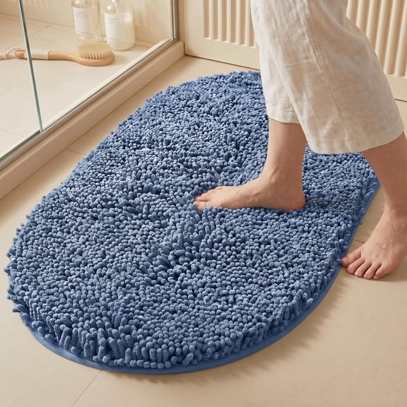 MudFree Bath Mat for Tub Non Slip, Super Absorbent Chenille Bathroom Rugs Oval Door Mat, Quick Dry Machine Washable Floor Mat for Kitchen Pet, Blue 24"X16"