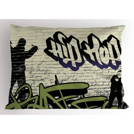 Hip Hop Pillow Sham Underground Hip Hop Grafitti Art on Building Walls Theme Grungy Background Print, Decorative Standard Size Printed Pillowcase, 26 X 20 Inches, Multicolor, by