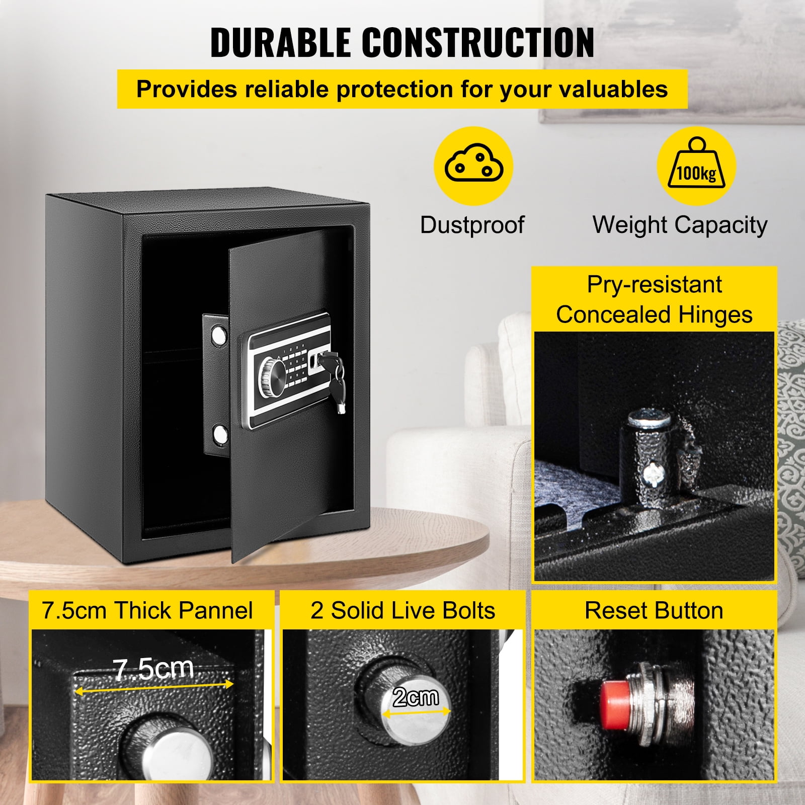SKYSHALO 48 L Security Safe with Keys & Fingerprint & Password Lock, 15.36" x 13.78" x 18.31", Black
