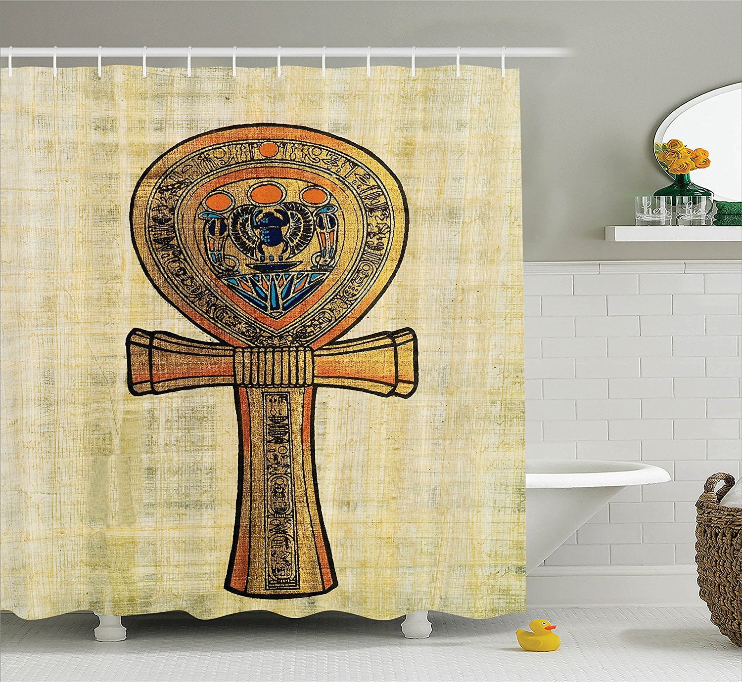 Egyptian Decor Shower Curtain Set by , Ancient Papyrus Presenting the Key of Life Traditional