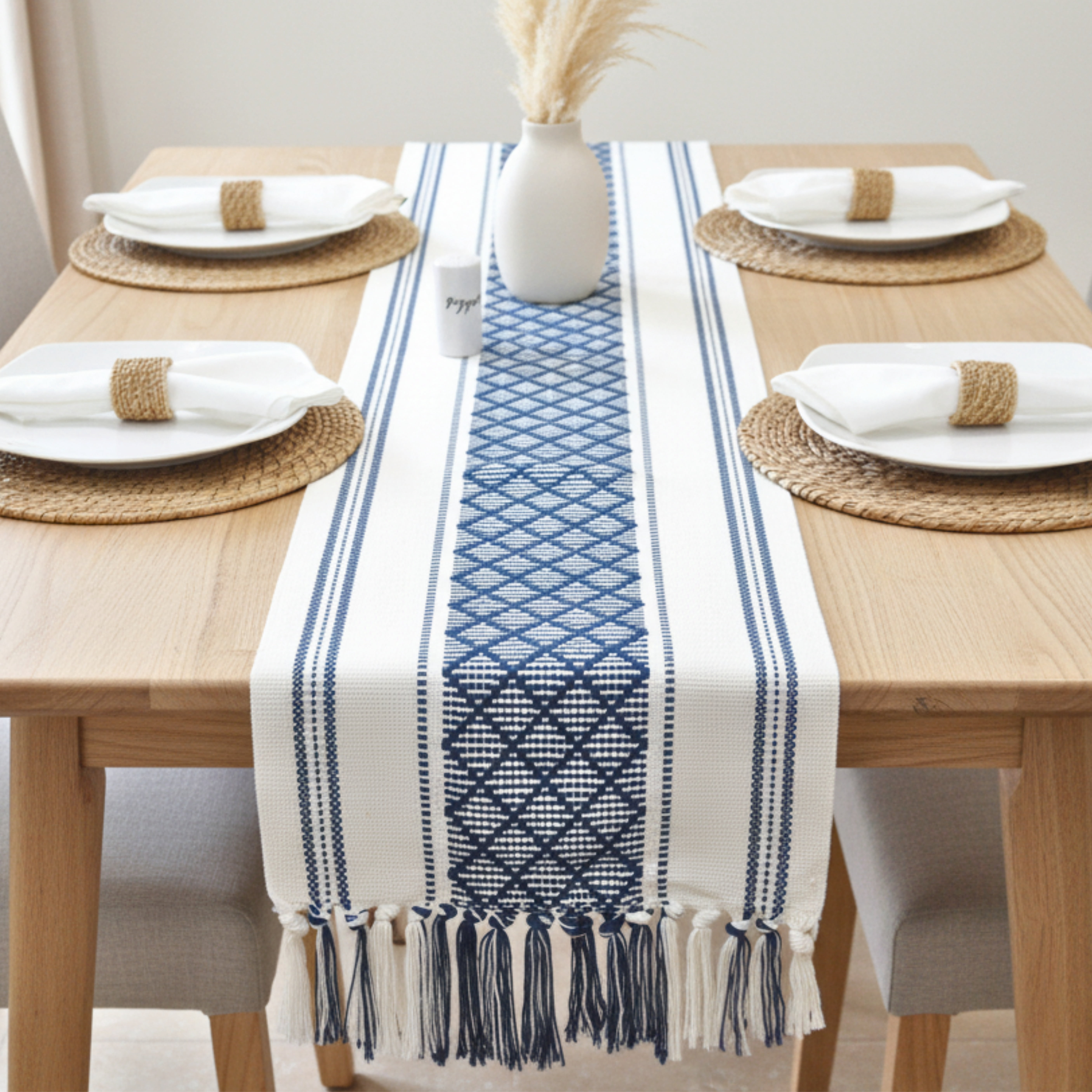 Boho Dining Table Runner with Tassel Fringe 14 x 72 Inches, Navy Blue & Cream | Farmhouse Style Woven Dresser Scarf / Designer Console Table Topper Cover